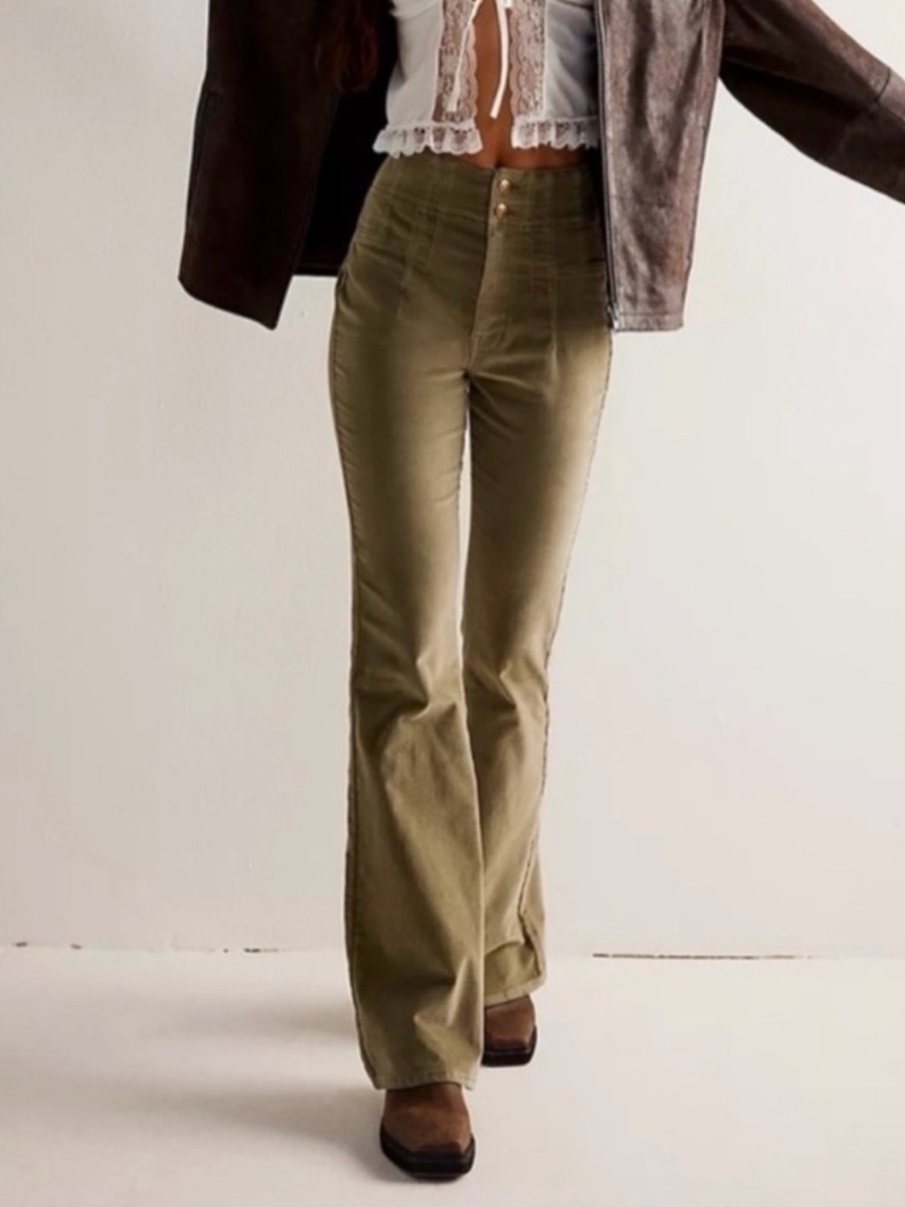 NWT Free People Jayde Cord Flare Jeans Dried Basil Green 24